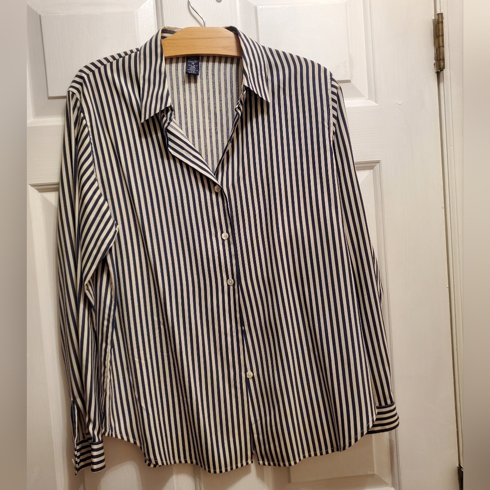 Lands' End 100% Silk Blouse Ivory and Navy Striped Women's Size 10